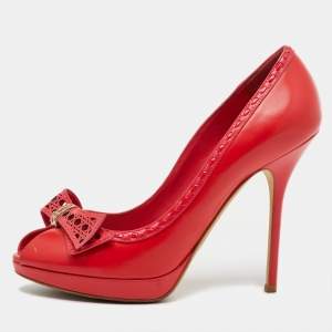 Dior Red Leather Cannage Bow Peep Toe Platform Pumps Size 39