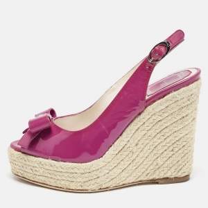 Dior Pink Patent Leather Bow Espadrille Platform Wedge Sandals Size 36