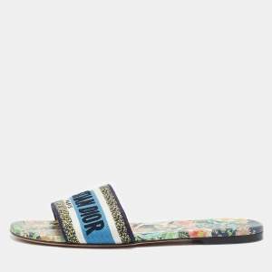 Dior Multicolor Embroidered Canvas Floral Dway Flat Slides Size 39
