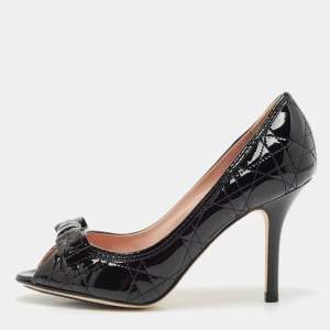 Dior Black Cannage Patent Leather Bow Peep Toe Pumps Size 36.5
