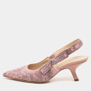 Dior Pink/Grey Floral Jacquard J'Adior Slingback Pumps Size 37.5