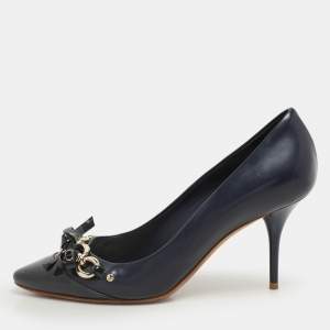 Dior Blue Patent and Leather Bow Chain Detail Pumps Size 37