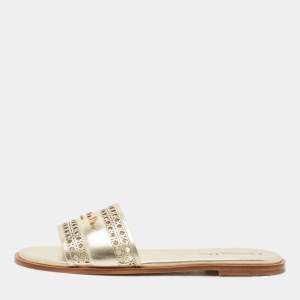 Dior Gold Micro Cannage Leather D-Lane Flat Slide Sandals Size 39