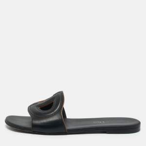 Dior Black Leather D Club Flat Slide Sandals Size 37.5