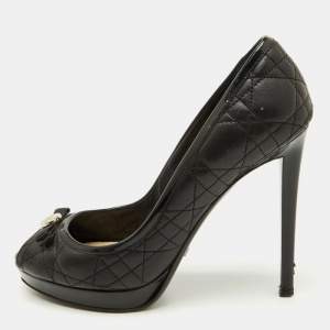 Dior Black Cannage Leather Bow Peep Toe Platform Pumps Size 37.5