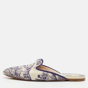 Dior Blue/Beige Embroidered Canvas Toile De Jouy Flat Mules Size 39.5