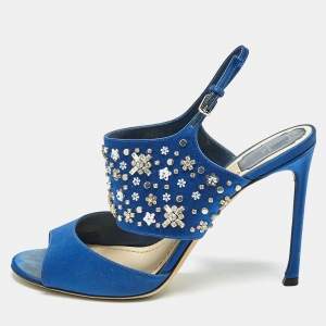 Dior Blue Satin Embellished Slingback Sandals Size 41