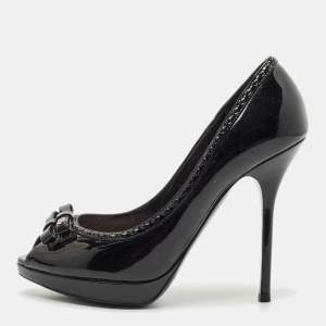 Pre Owned Dior Black Patent Leather Bow Peep Toe Pumps Size 36.5