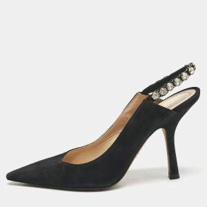 Dior Black Suede Pointed Toe Crystal Embellished Slingback Pumps Size 38