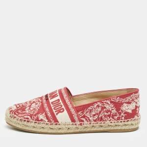 Dior Red/Off White Embroidered Canvas Granville Espadrille Flats Size 38