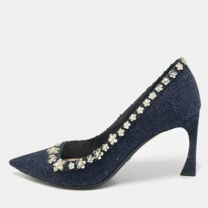 Dior Navy Blue Denim Crystal Embellished Garland Pointed Toe Pumps Size 38.5