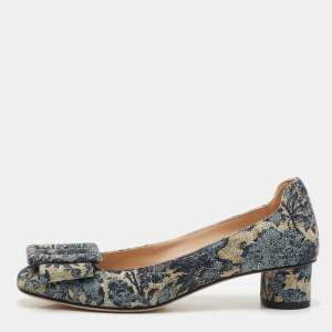 Dior Navy Blue Brocart Lurex Fabric Idylle Pumps Size 37