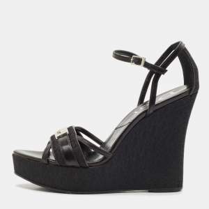Dior Black Oblique Canvas and Leather Strappy Wedge Sandals Size 36