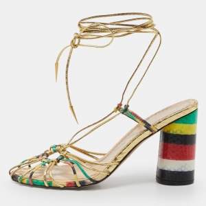 Dior Multicolor Leather and Snakeskin Leather Ankle Strap Sandals Size 37.5
