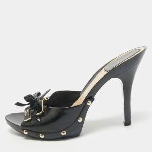 Dior Black Patent Leather Bow Slide Sandals Size 37