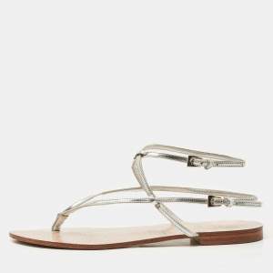 Dior Silver Leather Crystal Embellished Logo Thong Ankle Strap Flat Sandals Size 38