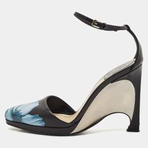Dior Black Floral Print Leather Optique Wedge Ankle Strap Sandals Size 38.5