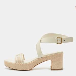 Dior Grey/Beige Leather and Canvas Dway Block Heel Ankle Strap Sandals Size 41