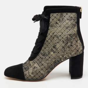 Dior Black/Beige Suede and Mesh Embroidered Naughtily-D Ankle Boots Size 40