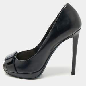 Dior Navy Blue Leather Logo Plaque Peep Toe Pumps Size 38