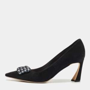 Dior Black/White Suede Houndstooth Buckle Pointed Toe Pumps Size 37.5