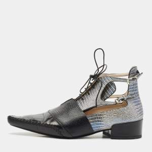 Dior Black Croc and Lizard Embossed Leather Nomade Pointy Ankle Length Boots Size 39