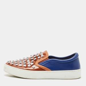 Dior Blue/Brown Leather And PVC Floral Embellished Slip On Sneaker Size 38