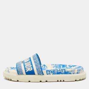 Dior Blue/White Toile De Jouy Embroidered Canvas Dway Flat Slides Size 36.5