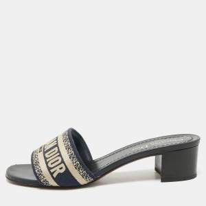 Dior Navy Blue Embroidered Canvas Dway Slide Sandals Size 38.5