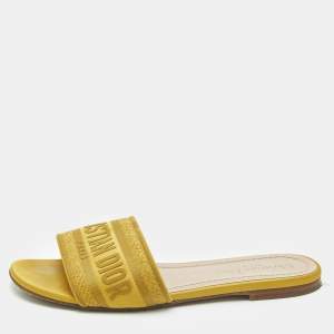 Dior Yellow Embroidered Canvas Dway Flat Slides Size 37
