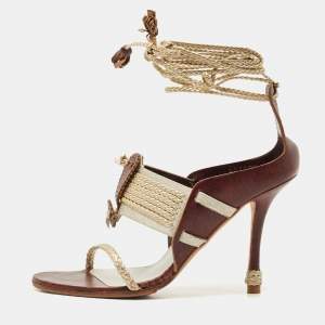 Dior Olive Brown/Gold Leather and Fabric Ankle Tie Sandals Size 37