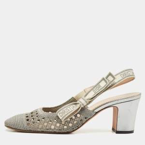 Dior Silver Fabric and Leather Moi Block Heel Slingback Sandals Size 39.5
