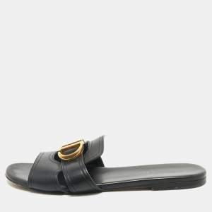 Dior Black Leather 30 Montaigne Flat Slides Size 37.5