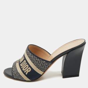 Dior Navy Blue Embroidered Canvas Dway Slide Sandals Size 38.5
