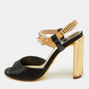 Pre Owned Dior Black/Beige Satin and Patent Leather Studded Ankle Strap Sandals Size 37.5
