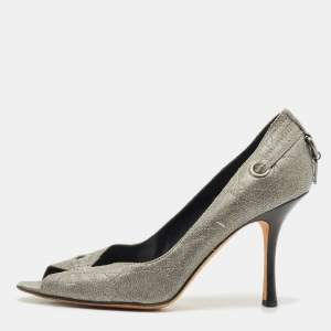 Pre Owned Dior Metallic Grey Cannage Leather Peep Toe Pumps Size 37