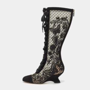 مملوكة مسبقًا Dior Black Embroidered Mesh and Suede Naughtily-D Knee Length Boots Size 35
