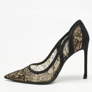 Pre Owned Dior Black Lace and Suede Chantilly Pumps Size 38