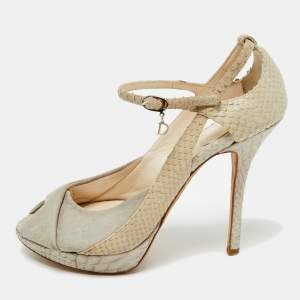 Pre Owned Dior Cream/Grey Suede and Python Leather Miss Dior Peep Toe Pumps Size 36