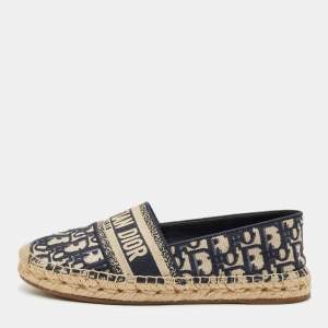 Pre Owned Dior Navy Blue Oblique Canvas Granville Espadrille Flats Size 38.5