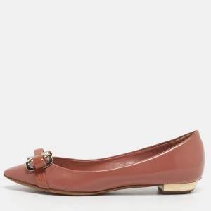 Pre Owned Dior Beige Patent Leather Bow Detail Pointed Toe Ballet Flats Size 36