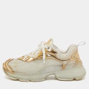 Pre Owned Dior White/Gold Rubber, Mesh and Leather Vibe Low Top Sneakers Size 37
