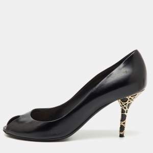 Pre Owned Dior Black Patent Leather Cannage Heel Peep Toe Pumps Size 37.5