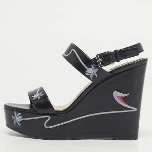 Pre Owned Dior Black Leather Platform Wedge Slingback Sandals Size 39.5