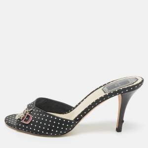 Pre Owned Dior Black/White Dot Fabric Slide Sandals Size 36.5