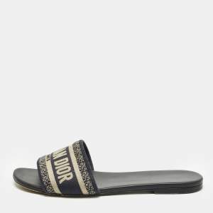 Pre Owned Dior Navy Blue/White Embroidered Canvas Dway Flat Slides Size 38.5