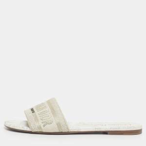Pre Owned Dior Gold/Cream Embroidered Canvas Dway Flat Slide Size 38