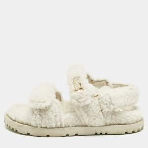 Pre Owned Dior White Shearling DiorAct Flat Sandals Size 37