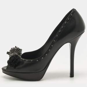 Pre Owned Dior Black Leather Bow Peep Toe Pumps Size 36