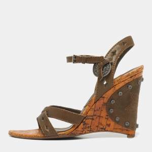 Pre Owned Dior Two Tone Leather Gaucho Wedge Ankle Strap Sandals Size 37